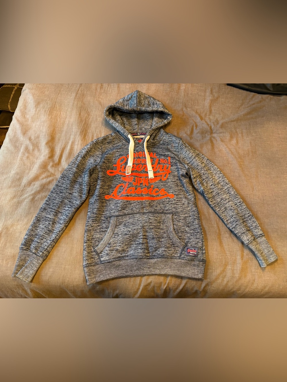Superdry Blue-Gray Hoodie Sweatshirt with Orange Logo XS